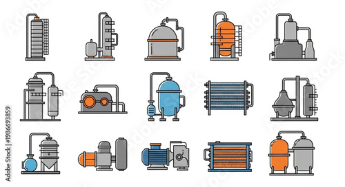 Chemical Processing Equipment Icons - Distillation Columns, Reactors, and Heat Exchangers.