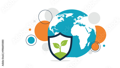 Global environmental protection concept featuring green plant inside a security shield against world map background with colorful circles.