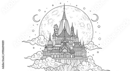 Fantasy castle illustration with moon and clouds black and white artwork