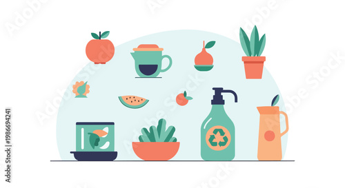 A minimalist vector graphic showcases a collection of organic food items, potted plants, and sustainable household products on a pale blue background.