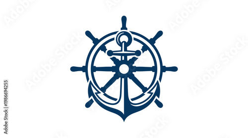 Nautical wheel and anchor emblem illustration for maritime design