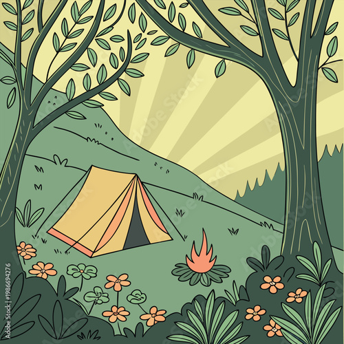 Camping tent and warm campfire in a forest clearing during sunrise or sunset
