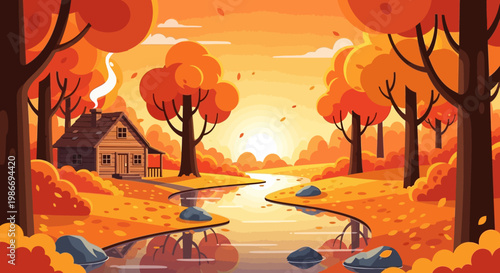 Charming Autumn Cabin by a Serene River in a Vibrant Forest.