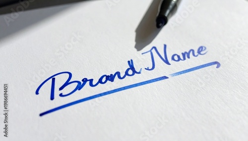 White paper on wooden desk with “Brand Name” written in blue cursive, curved underline sweeping upward, blurred background, simple composition emphasizing creativity, identity, and concept of branding