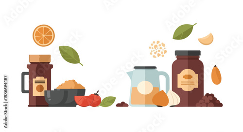 A flat vector illustration features an assortment of kitchen ingredients, including jars of spices, fresh herbs, garlic, and citrus fruits.