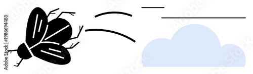 Environmental awareness, seasons, ecology, biology, insects, cartoon design. A simplistic black insect flying towards a blue cloud with motion trails. Environmental awareness and seasons concept