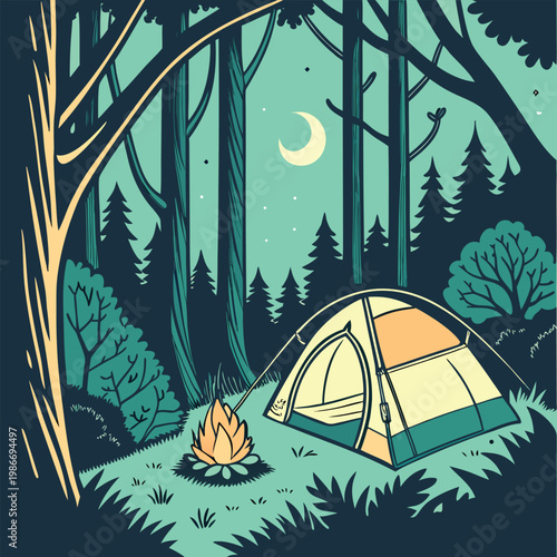 Foto Camping tent and campfire under a crescent moon in a dark forest at night