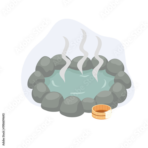 japanese onsen hot spring with rocks and wooden bucket outdoor spa wellness illustration