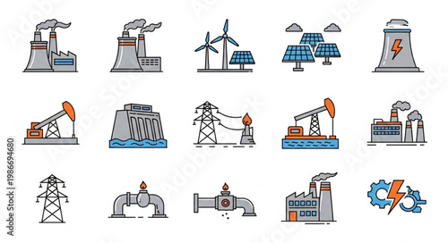 Energy Production and Infrastructure Icons - Power Plants, Renewables, and Pipelines.