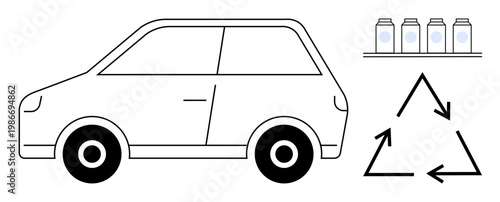 Sustainability, eco-transport, waste reduction, environmental awareness, green living, recycling. Minimalist car, recycling symbol and reusable containers. Sustainability and eco-transport concept