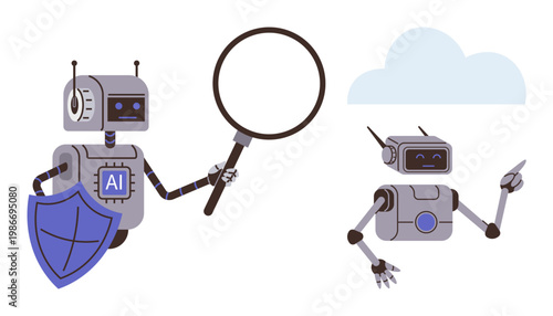 Data security, artificial intelligence, robotics, digital analysis, information technology, communication. Two robots, one with a shield and magnifying glass the other gesturing. Data security