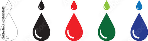 Droplet and large fluid drop icon set showing moisture or blood in multiple color options.