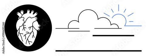 Healthcare, emotions, cardiology, inner strength, hope, sunrise. Human heart diagram beside clouds and sunrise illustration. Healthcare and emotions connection visually
