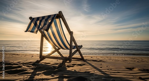 Beach chair, striped fabric, wooden frame, sunset, ocean view