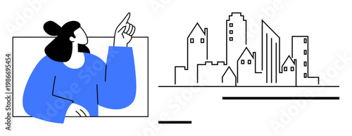 Urban planning, architecture concepts, city navigation, real estate, creative design, innovation. A person pointing at a diverse city skyline. Urban planning and architecture ideas