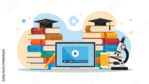 Digital education and science concept featuring laptop screen with video play button surrounded by stacks of books and microscope.