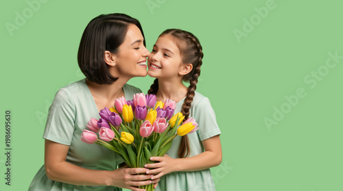 Mother and daughter with a bouquet of colorful tulips. Happy woman kissing her child on the cheek. Mother's Day celebration concept. Matching green dresses on a green background