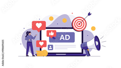 Online advertising and social media marketing concept featuring laptop with ad banner target megaphone and various engagement icons.