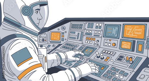 Astronaut in Space Suit Operating Controls.