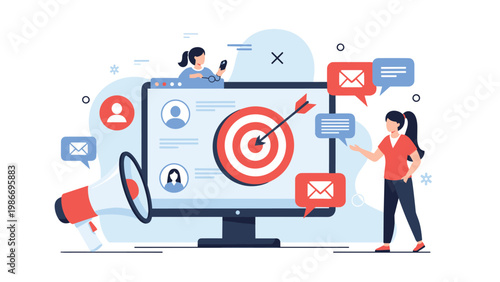 Targeted email marketing strategy concept featuring characters near large monitor with target icon email bubbles and social media profiles.