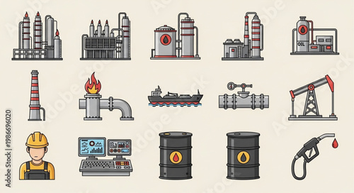 Oil and Gas Industry Icons - Refineries, Pipelines, and Equipment.