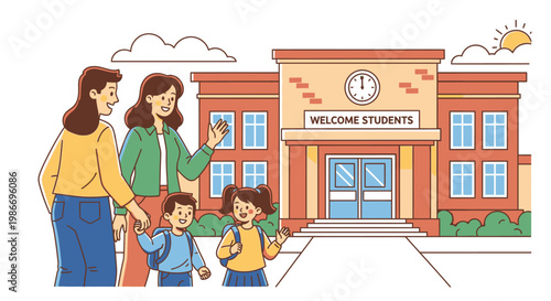 family standing outside school building.