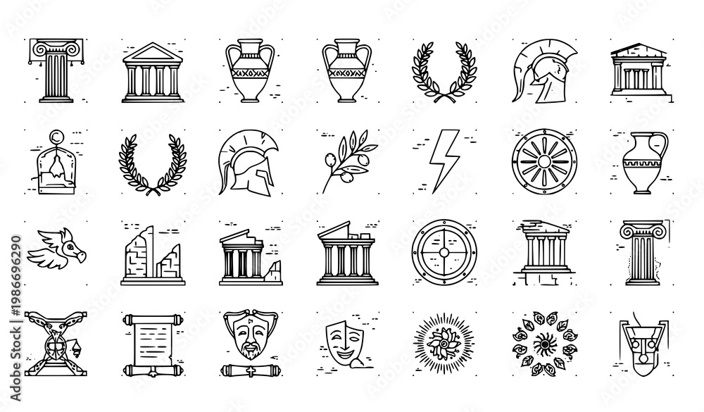 Fototapeta premium Ancient Greece line icon set – pixel perfect editable stroke vector illustration