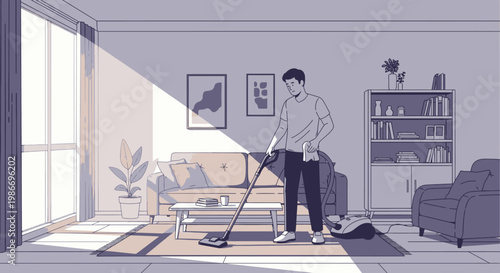 Man vacuuming living room floor.