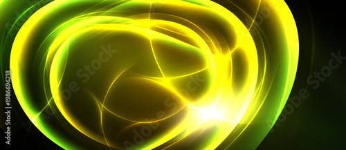 Bright yellow energy swirls, glowing lines form abstract shapes. Dark background emphasizes luminous center, creating dynamic visual effect.