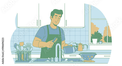Man Wearing Apron Washing Dishes.