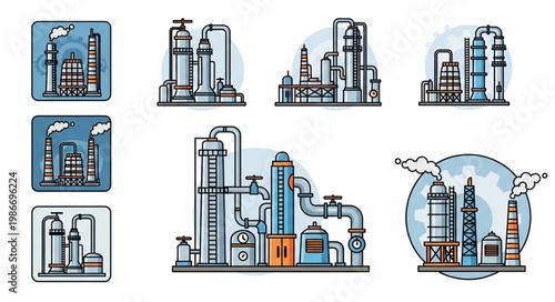 Oil Refinery Plant Illustrations - Industrial Complex and Processing Units.