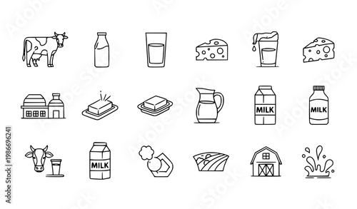Milk and dairy thin line icon set – cow and farm vector illustration