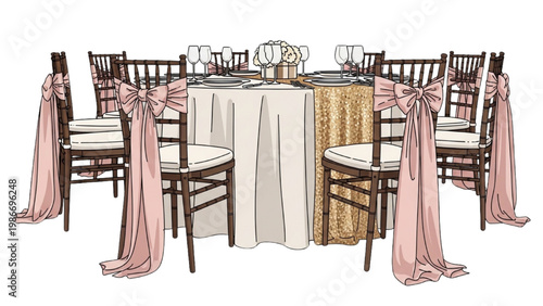 Banquet Table Setup with Chairs Plates and Centerpiece Event Decoration Hospitality Dining Vector Illustration