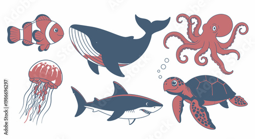 Sea creatures including fish and shark.