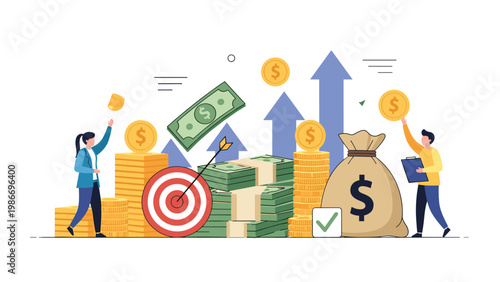 Financial investment and wealth growth concept with people managing money bags, coin stacks, targets, and upward pointing arrows.
