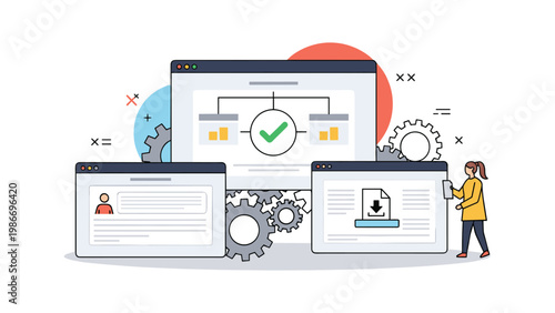 Software development and digital project management concept shows a team interacting with computer windows, gears, and file icons.
