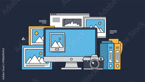 Digital photography and photo editing workflow concept featuring a computer monitor surrounded by pictures, folders, and a camera.