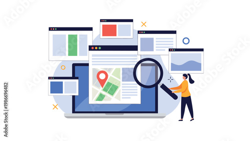 Local search and digital mapping service concept shows a laptop with a map interface, magnifying glass, and various web windows.