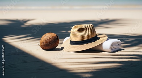 Beach, summer, hat, coconut, towel, tropical vacation, relaxation