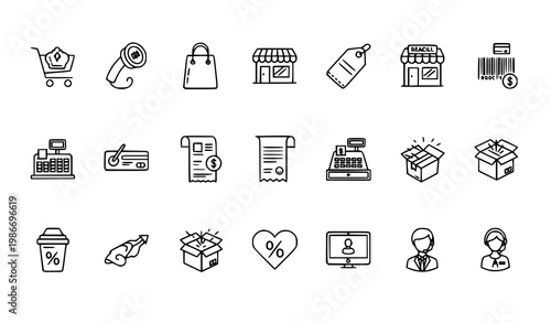 Shopping and retail line icon set – store, purchase and payment vector symbols