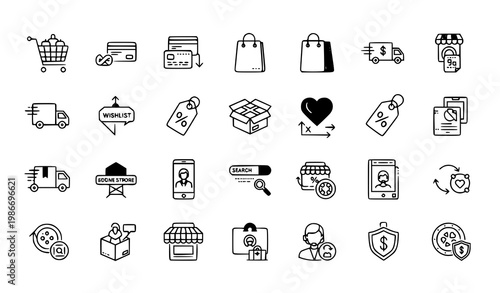 Online shopping line icon set – pixel perfect editable stroke vector