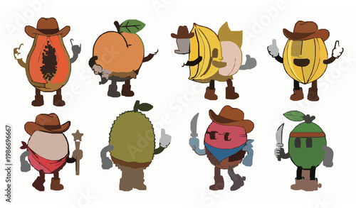 Groovy fruit cowboy character set – retro Wild West Y2K vector illustration