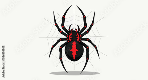 Black Widow Spider Illustration with Red Markings on Web Background.