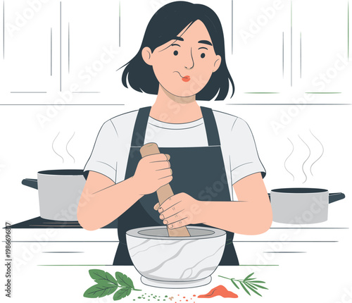 Woman in beautiful kitchen vector on white background.
