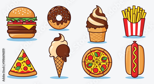 Collection of Delicious Fast Food and Dessert Icons.