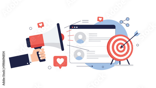 Social media marketing and targeted outreach concept shows a hand with a megaphone aiming at profiles and a bulls-eye target.