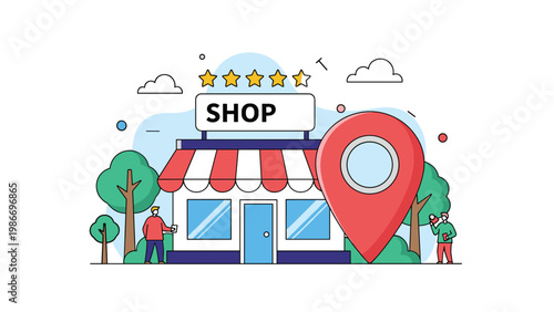 Local business rating and store locator concept featuring a retail shop with a five-star review and a large location pin.