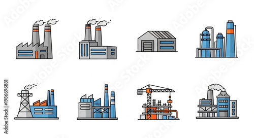Collection of Industrial Factory and Manufacturing Plant Illustrations.