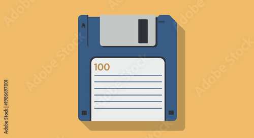 Vintage Floppy Disk Icon with Label and Number 100.