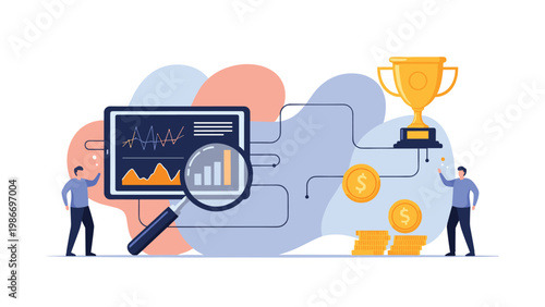 Business performance tracking and competitive success concept shows people analyzing data connected to a trophy and money.